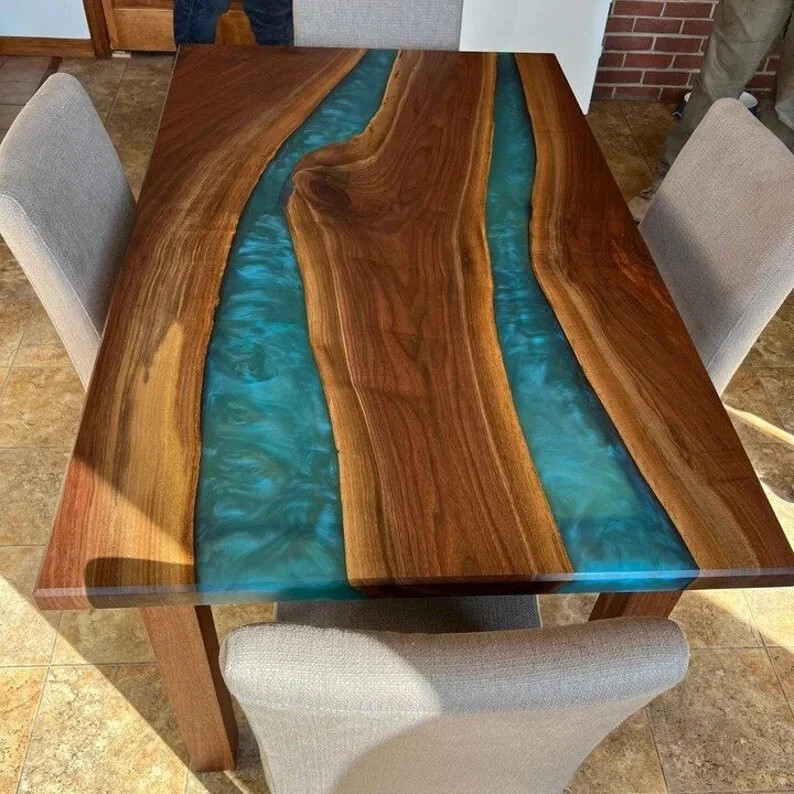 Natural Blue Epoxy Resin Coffee Center Table Top, Epoxy Resin Wood Table Decors