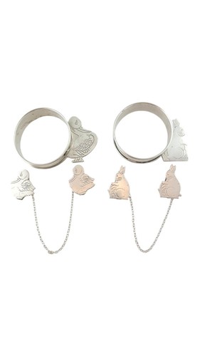Webster Sterling Silver Duck & Rabbit Napkin Rings & Bib Clips 4 Piece Set#18018
