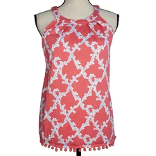 Crown & Ivy Halter Top S/L Small Peach Pink Floral Pompom Hem Keyhole Back