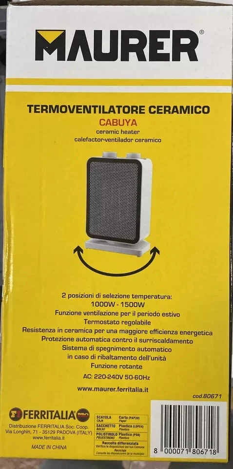 Termoventilatore Ceramico Cabuya 1000-1500W 2 Temp. Termos. Regolabile Rotante - Immagine 3 di 3
