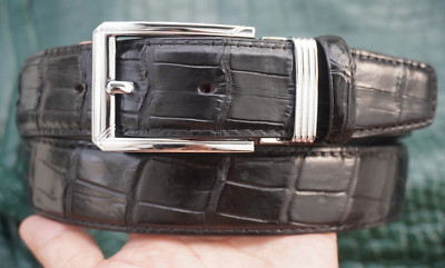 W 1.3'' - Black Real CROCODILE Belly LEATHER Skin Men's Belt #D39