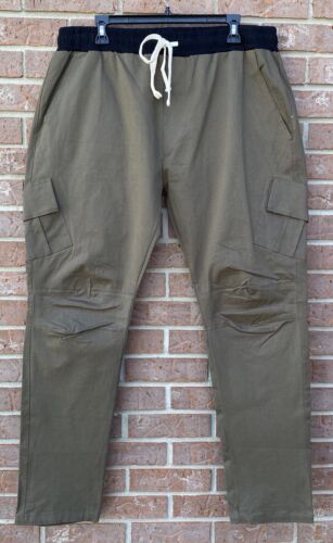 MNML Military Cargo Twill Cotton Elastic Waist Pants Army Green Mens 3XL 40 X 31