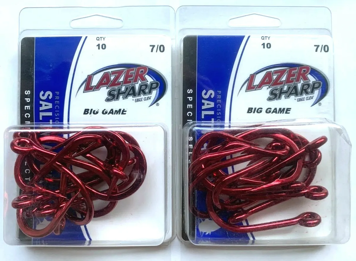 20 (2 packs/10) Eagle Claw Lazer Sharp Red Big Game Fish Hooks size 7/0