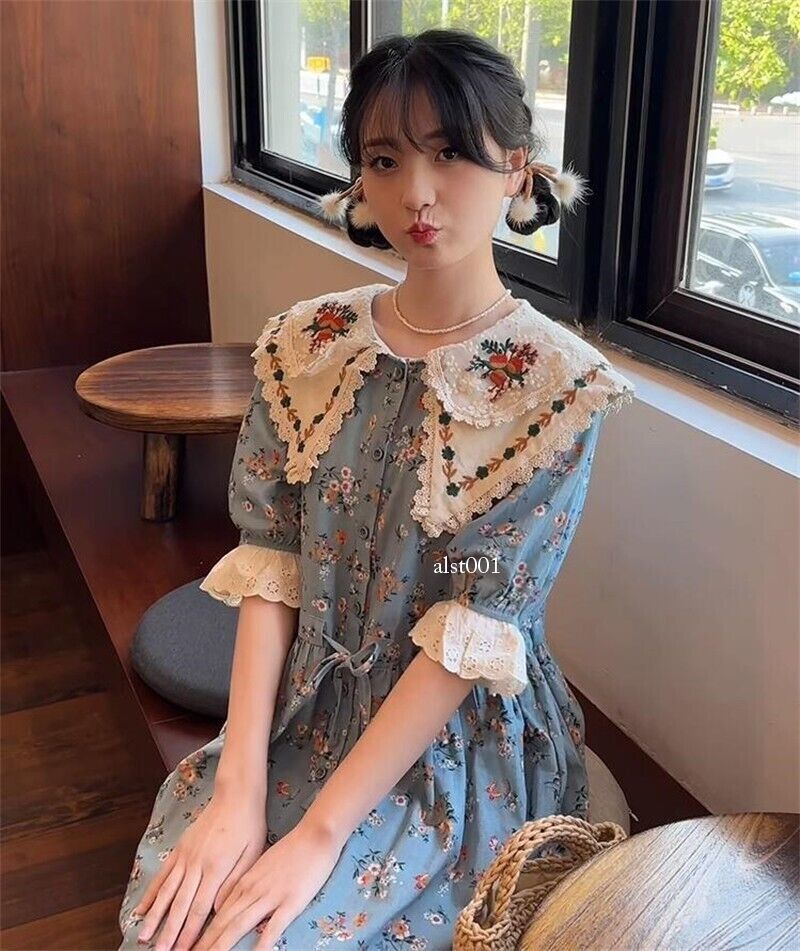 japanese style linen dresses Mori Girl Retro Floral Cotton Dress Sweet Doll Collar Women modern casual japanese dress