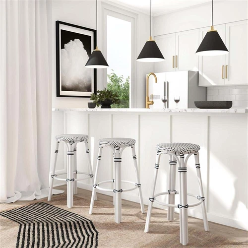 Butler Specialty Company Tobias Round Rattan 30" Bar Stool - White And Black Dot - Picture 3 of 8