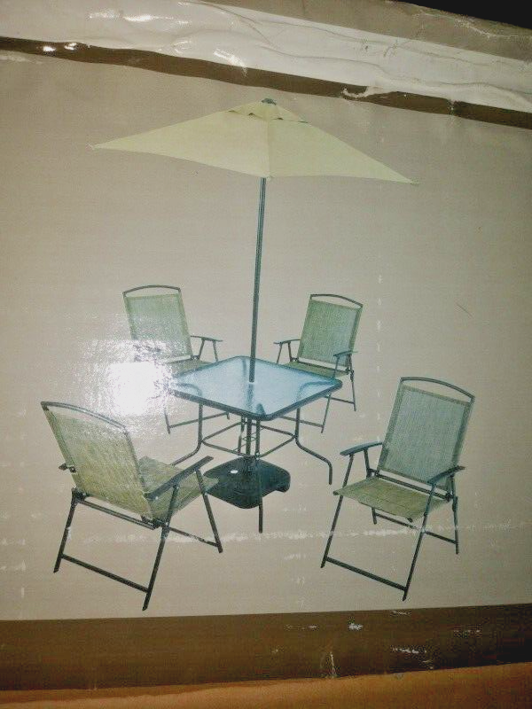 Garden Sling Outdoor 7 Pc Patio Dining Set, Umbrella &Base Folding