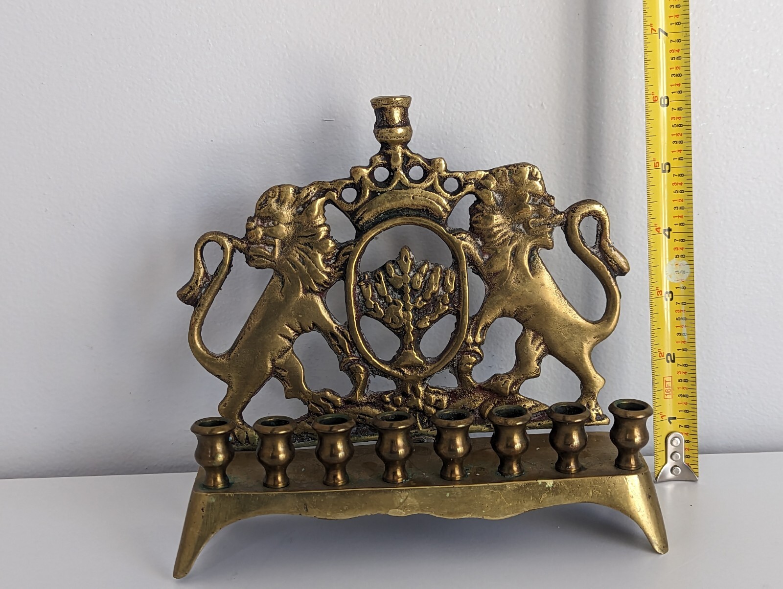 Vintage Hanukkah Menorah Crown & Lions Heavy Brass Metal Judaica Candle