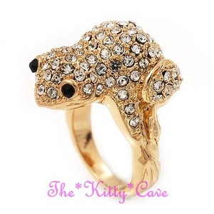 Authentic Gold Plated Statement Catwalk Cocktail 3D Toad Frog Ring w/ Swarovski Crystals