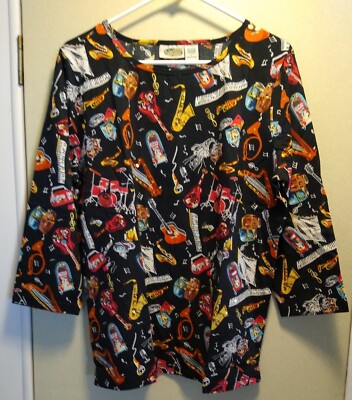 NWT Collections Etc Cotton Musical Instruments Cats Sequins T Shirt Top L