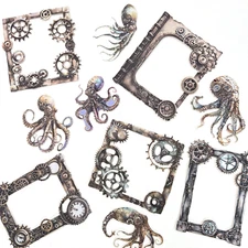 Steampunk Octopus Frame Cardstock Stickers Scrapbooking Junk Journaling Collage