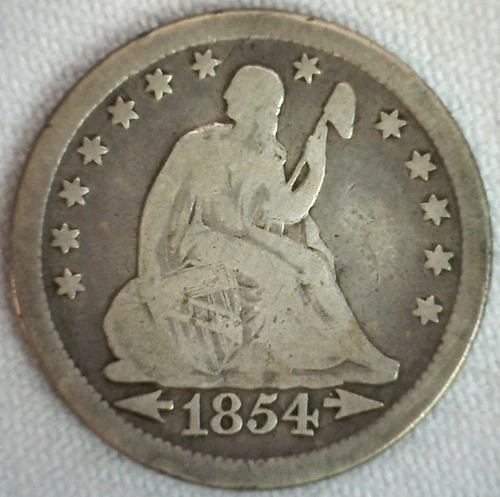 1854 Silver Seated Liberty Quarter 25c US Coin Very Good Arrows Circulated