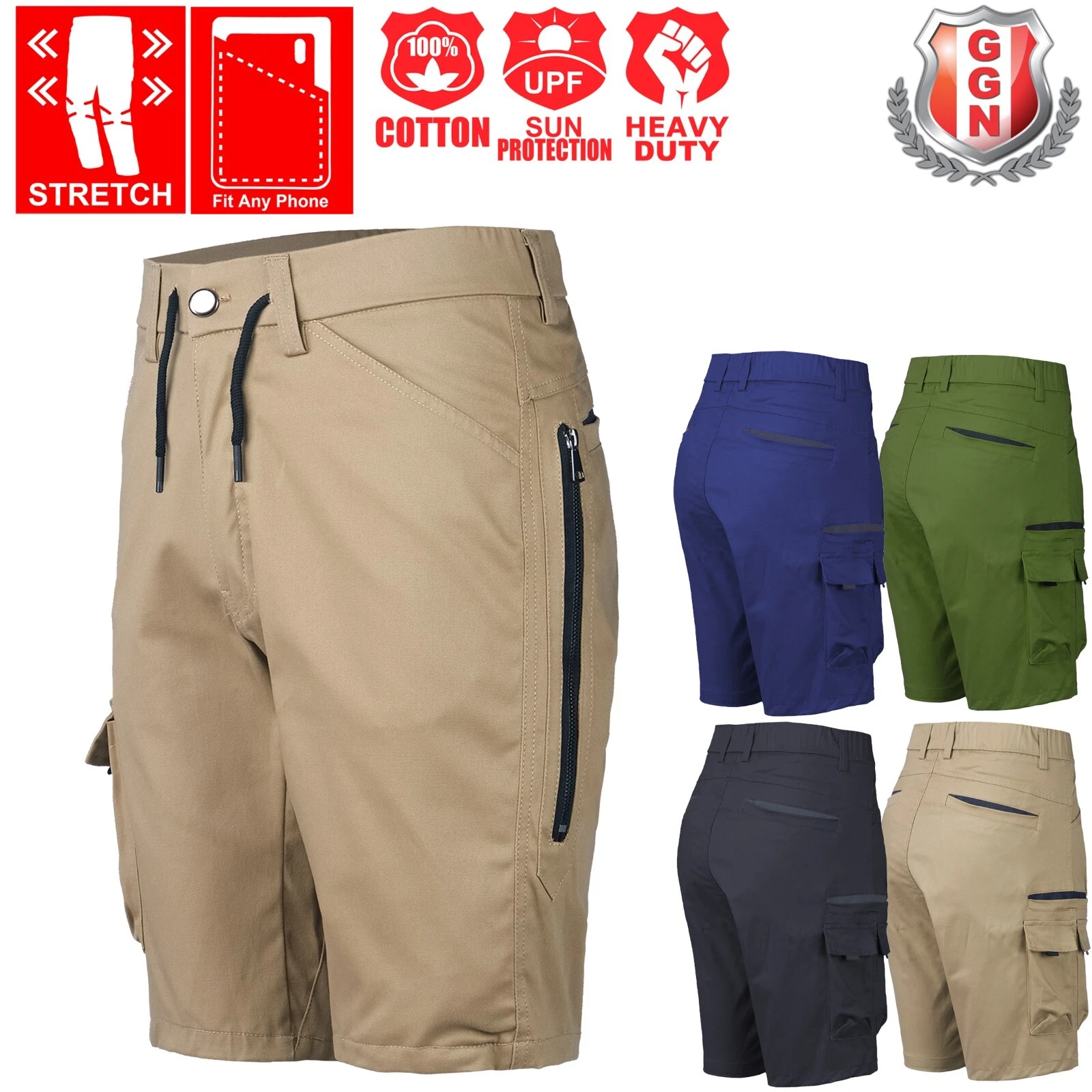 Mens Cargo Work Shorts, Stretch Cotton Workwear, NEW, Elastic Waist, Contrast
