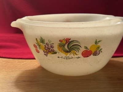 Anchor Hocking Fire-King Milk Glass Rooster Fruit Bowl w/ Spout, USA. *SET OF 2*