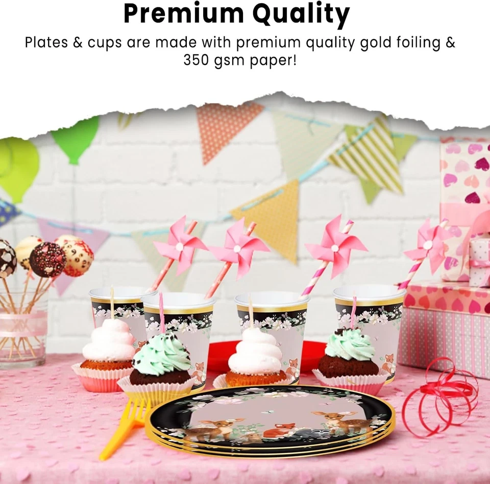 Moody Forest Pals Baby Shower y Cumpleaños Fiesta Suministros Platos Tazas Servilletas B... Foto 3 de 4