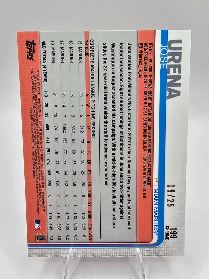 2019 Topps Chrome Jose Urena Orange Refractor /25 Miami Marlins - Image 2 of 2