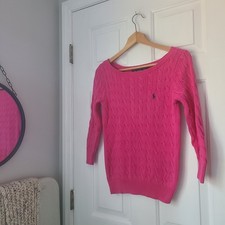 Ralph Lauren Sport Cable Knit 3/4 Sleeve Pullover Sweater Sz M Pink Preppy Luxe