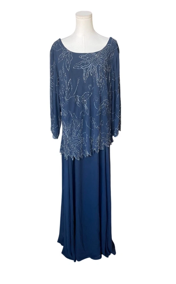 Maxi Vestido JKara Cuentas Talla Grande 22W Gasa Nuevo con Etiquetas Transparente Madre de la Novia Azul Marino Foto 3 de 4