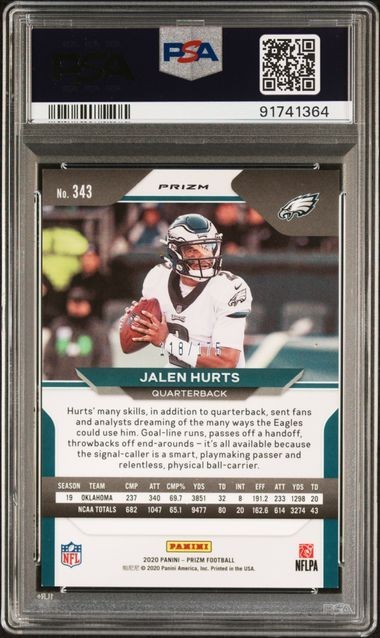 2020 Panini Prizm Jalen Hurts RC Hyper Prizm /175 #343 PSA MINT 9 POP 67 view 2