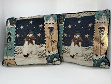 Snowman Tapestry Pillows 17”x17” Vintage 