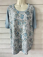 LOGO Lounge Floral Lace Short Sleeve Pullover Top Blue Size 1X
