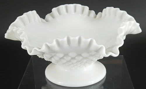 Vintage 1959 Fenton White Milk 8" Glass Hobnail Ruffled Scalloped Compote Bowl