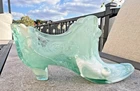 Fenton Glass Daisy and Button Shoe in Aqua Blue Opalescent Carnival Glass