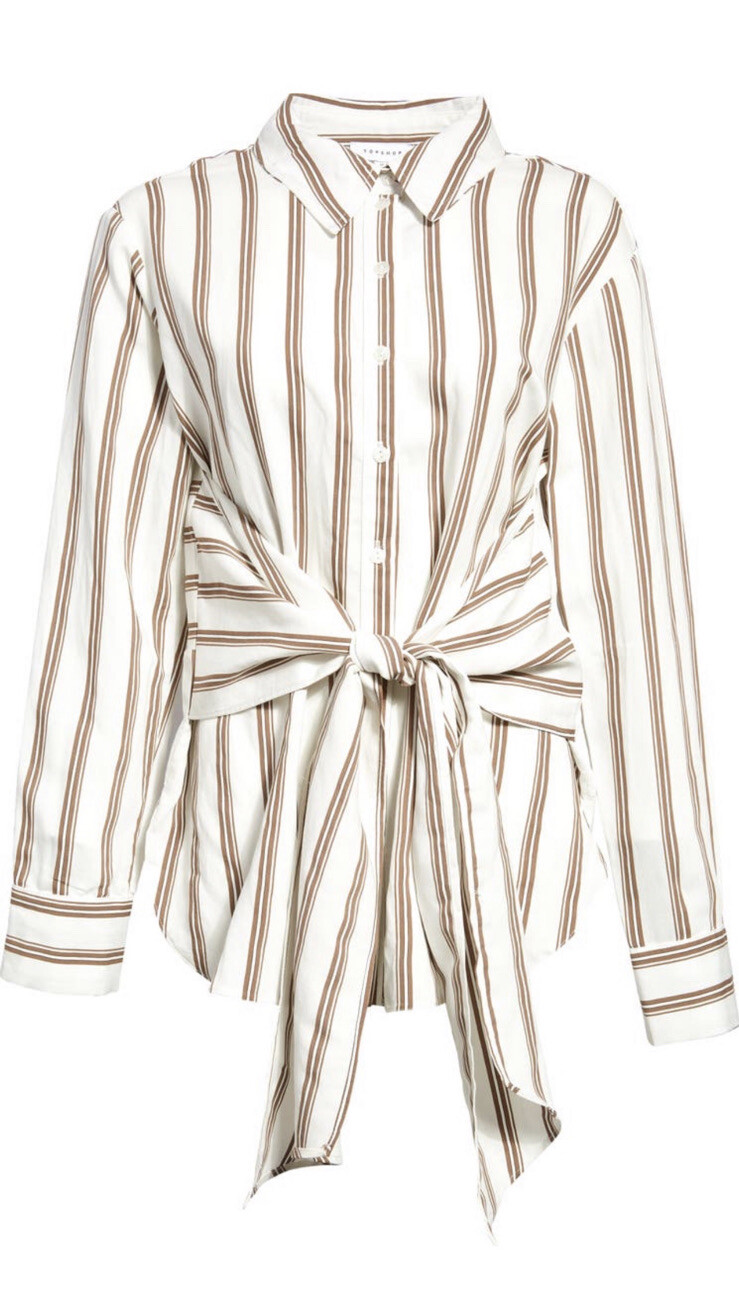 Topshop Striped Tie Front Oversized Blouse Button Down Women Sz 12 NWT