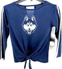 NEW UConn Huskies Colosseum Athletics Blue Tie Scoop Neck LS Shirt Girls M 7-8