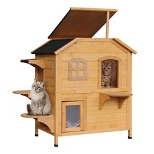Solid Wood Cat House 2-Stories Condo Indoor Lounge for Outdoor Patio Backyard