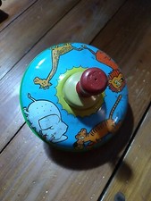 Vintage Ohio Art Metal Spinning Top Tin - Toy Zoo Animals - Works