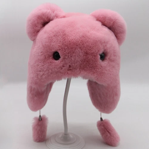 Kids Children Real Rex Rabbit Fur Hat Warm Caps Cute Bear Style Outdoor Beanie - Picture 10 of 15