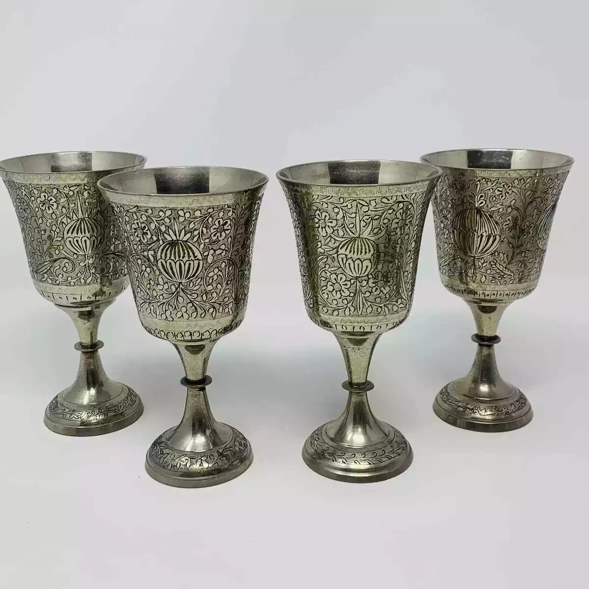 Set Of 4 World Gift ZY India Silver Plated Brass Etched Brass Goblets 6
