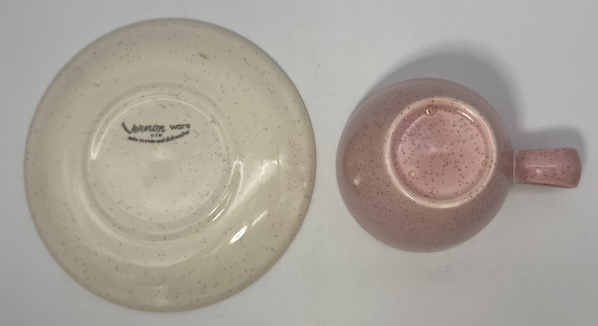Vintage Metlox Vernon Ware "Tickled Pink" Speckled Cup & Saucer Retro Atomic MCM