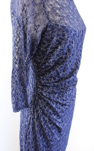 David Meister Navy Blue Metallic Lace Ruched 3/4 Sleeve Sheath Dress Cocktail 8 - Picture 5 of 6