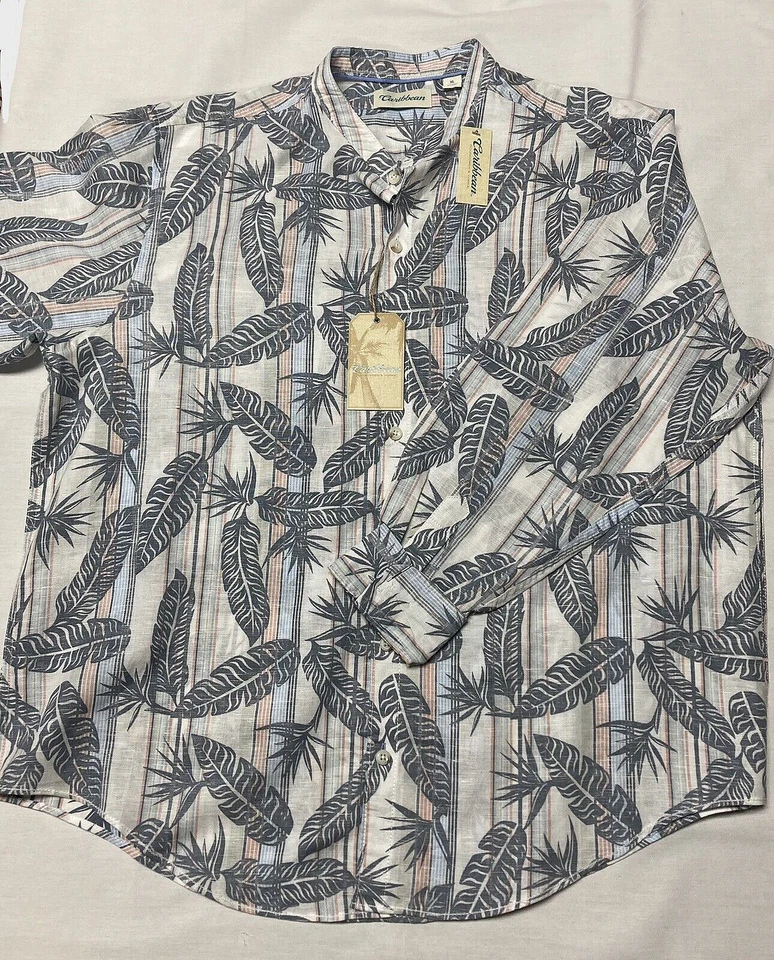 Caribbean Men Shirt XL Button Down Linen Blend Long Sleeve Tropical Blue New - Image 2 of 4
