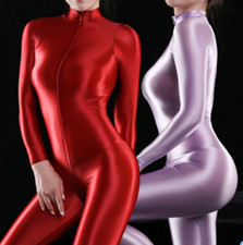 Lady 2 Zipper Shiny Spandex Leotard Unitard Full Foot Elastane Bodysuit Costumes