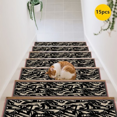15pcs of Black And White Patterned Printed Stair Mats, Non-Slip Stair Carpets,
