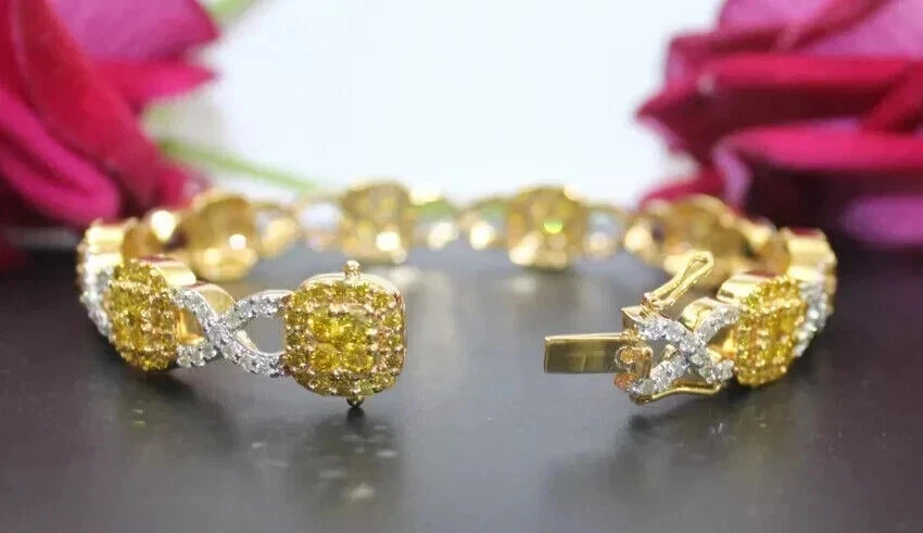 8 克拉圆形实验室制造的黄色黄水晶和钻石手链 14K 镀黄金 — 第 3/4 张图片