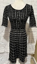 Taylor Black Taupe Plaid Fringe Hem Knit Sweater Dress Rayon Blend Size XS