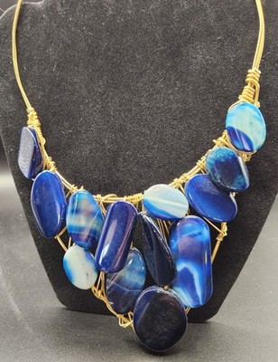 Artisan Boho Blue Lace Agate Necklace and Bracelet, Both Gold and Silver Tone 
