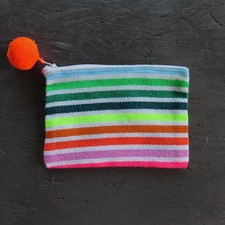 Mexican Cosmetic Bag Coin Purse XS Serape Stripe Pom Pom Zip Festival Fiesta