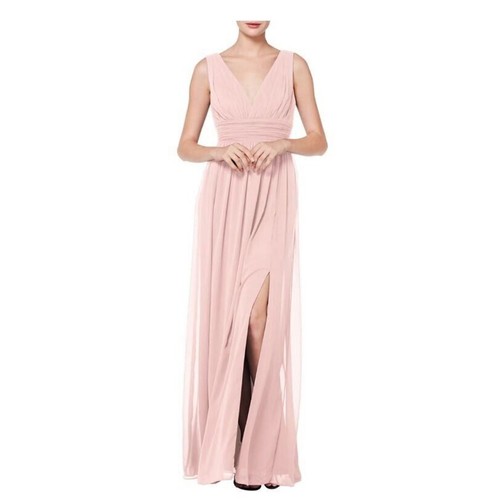 Levkoff Women's V-Neck Pleat Chiffon A-Line Gown in Petal Pink Size 4 $176