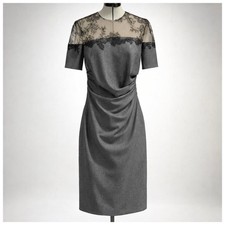 Valentino Wool Shift, short sleeves, ruching, sheer lace panel, Set, Never Worn