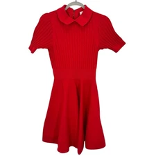Ted Baker London Red Knit Fit and Flare Peter Pan Collar Short Sleeve Knit Dress