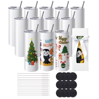 12Pack Straight Sublimation Tumblers Bulk Blank 20oz Stainless Steel White