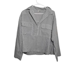 Max Studio Blouse Women's XL Striped V-Neck Collared Preppy Seersucker Top