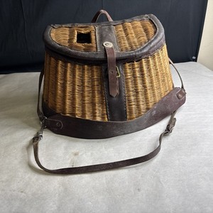Vintage Wicker Leather Fishing Creel Basket With Hand, Engraved Leather Strap