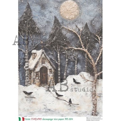 Snowy Cottage Bats #684 | A4 Rice Paper | Paper for Decoupage | AB Studios