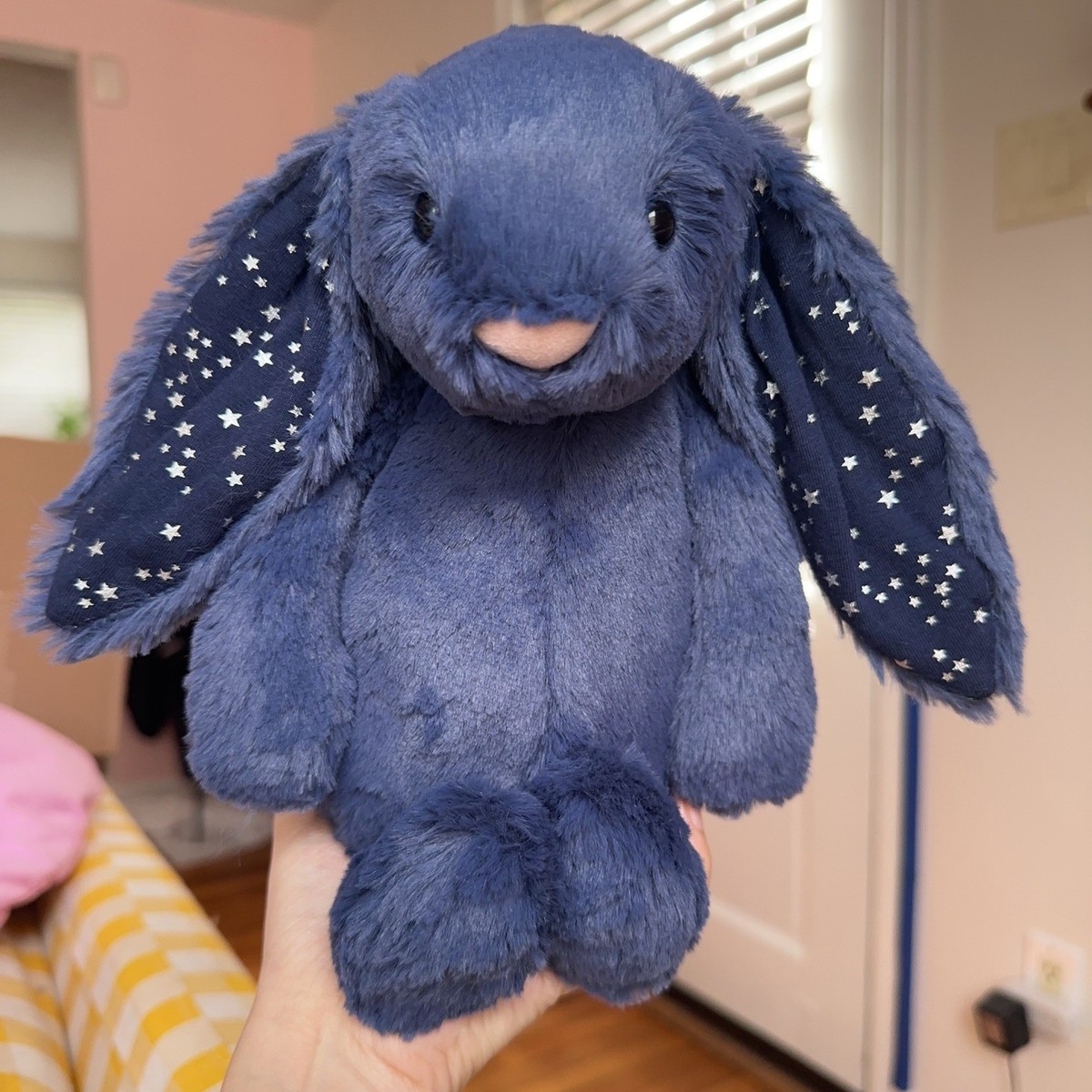 Jellycat BASHFUL STARDUST BUNNY MEDIUM Plush Navy Blue Stars Silky
