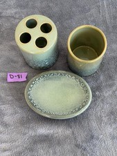Vintage Set of Ceramic Green Toothbrush Bar Soap Holder Cup Bathroom Vanity